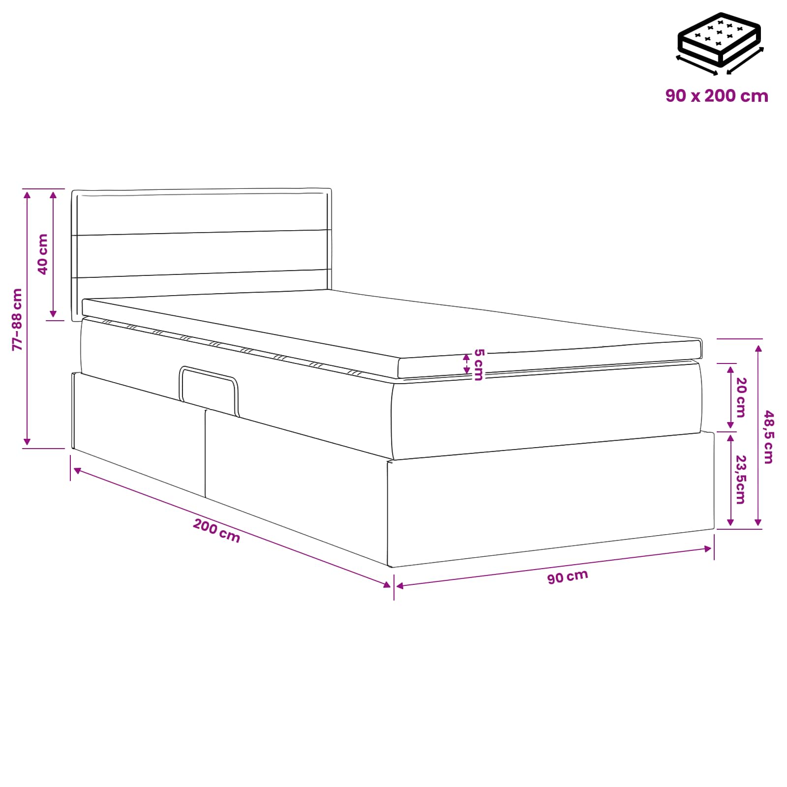 LED Opslagbed met Matras Taupe 90 x 200 cm Stof