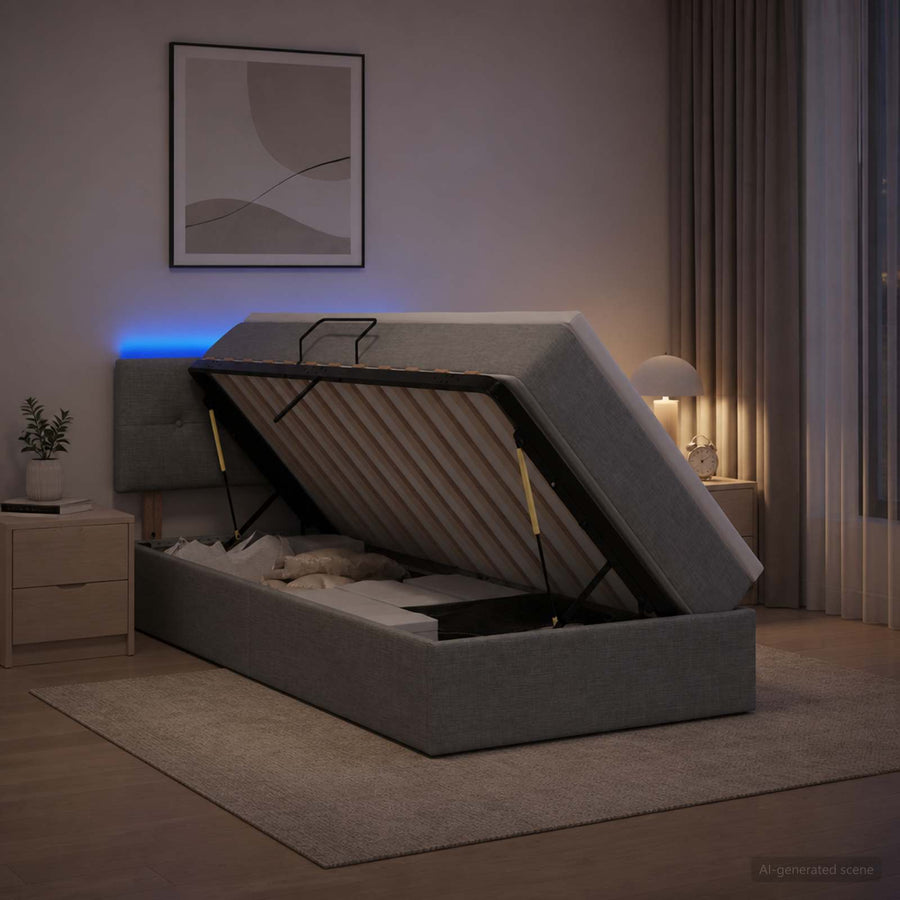 LED Opslagbed met Matras Lichtgrijs 100 x 200 cm Stof