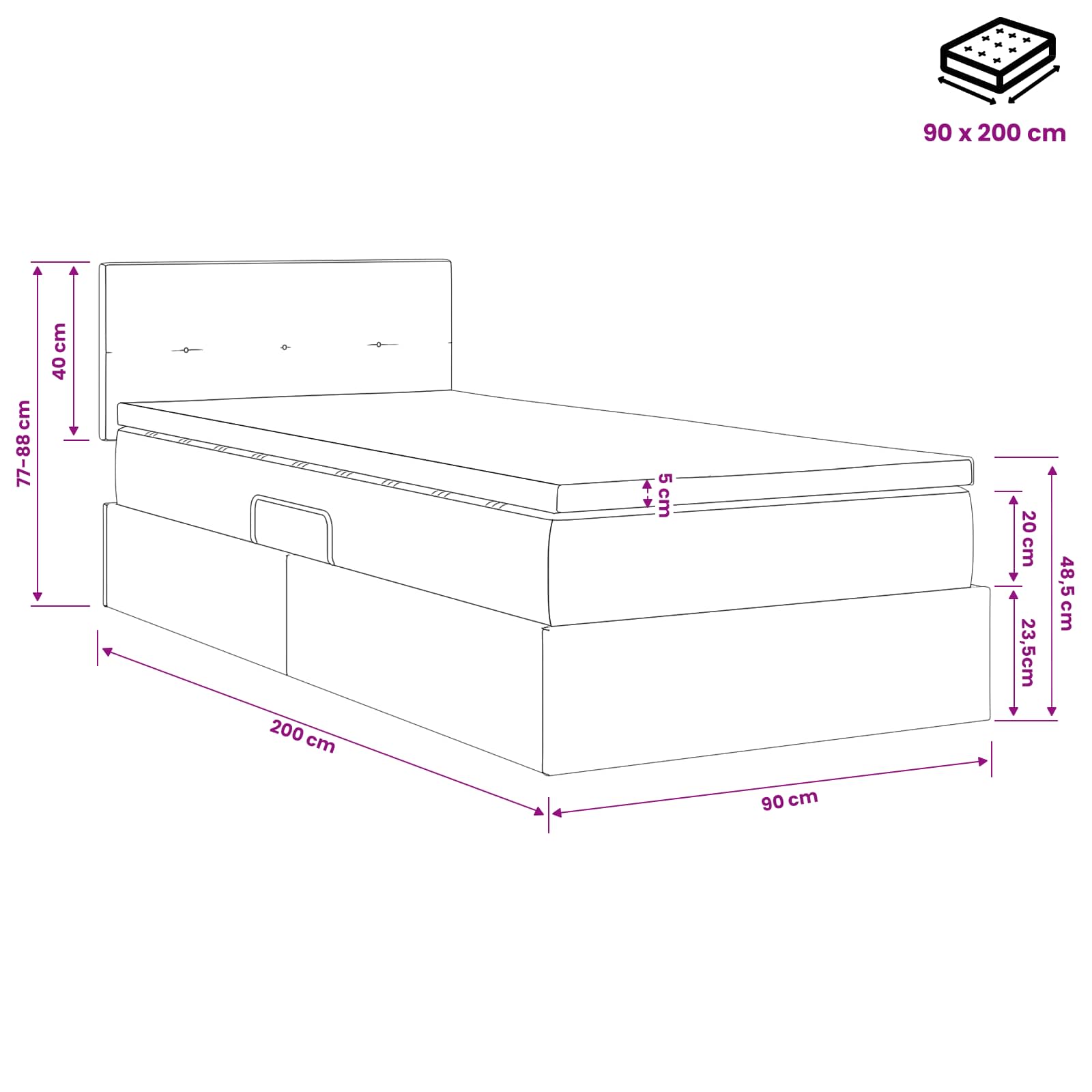 LED Opslagbed met Matras Crèmekleurig 90 x 200 cm Stof