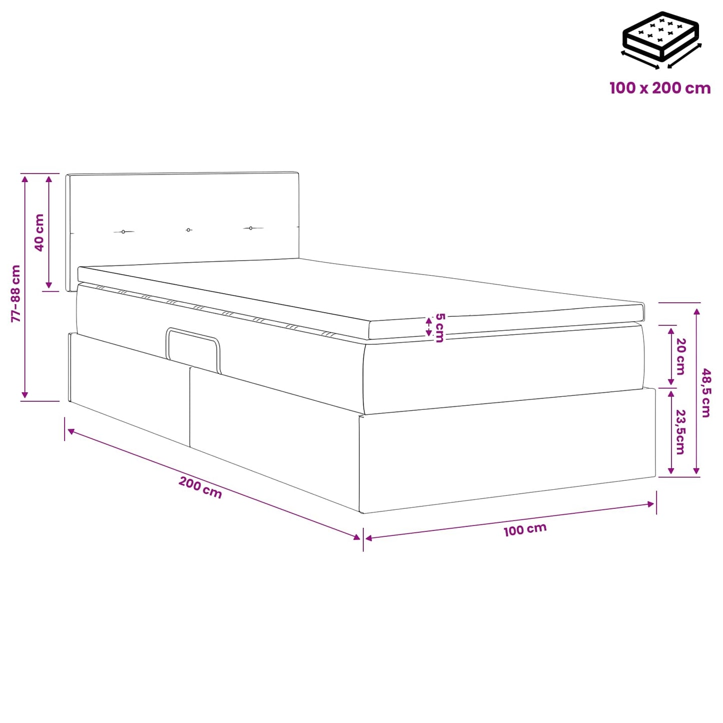 LED Opslagbed met Matras Donkergrijs 100 x 200 cm Stof