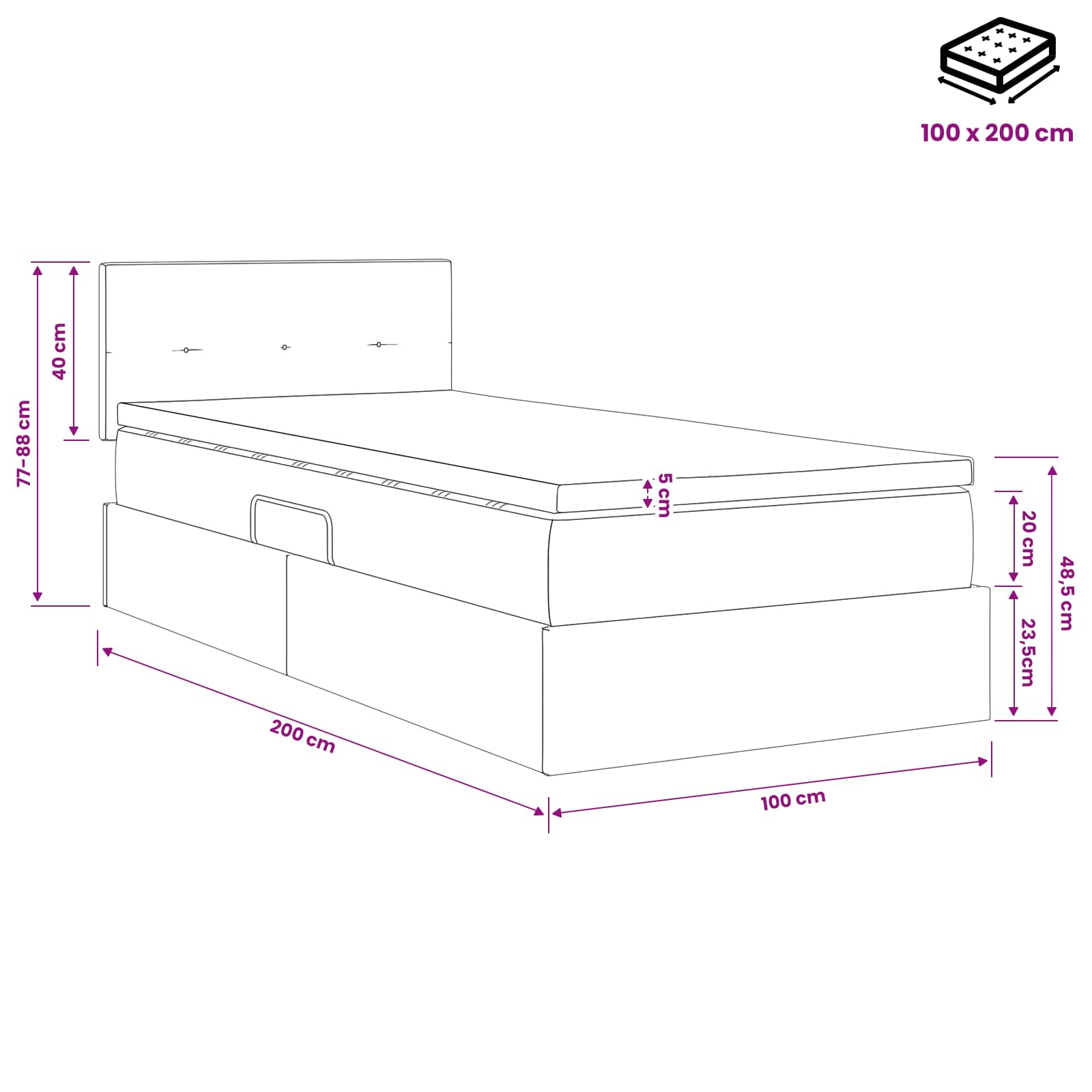 LED Opslagbed met Matras Donkergrijs 100 x 200 cm Stof