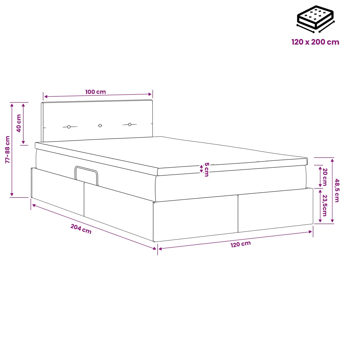 LED Opslagbed met Matras Donkergrijs 120 x 200 cm Stof