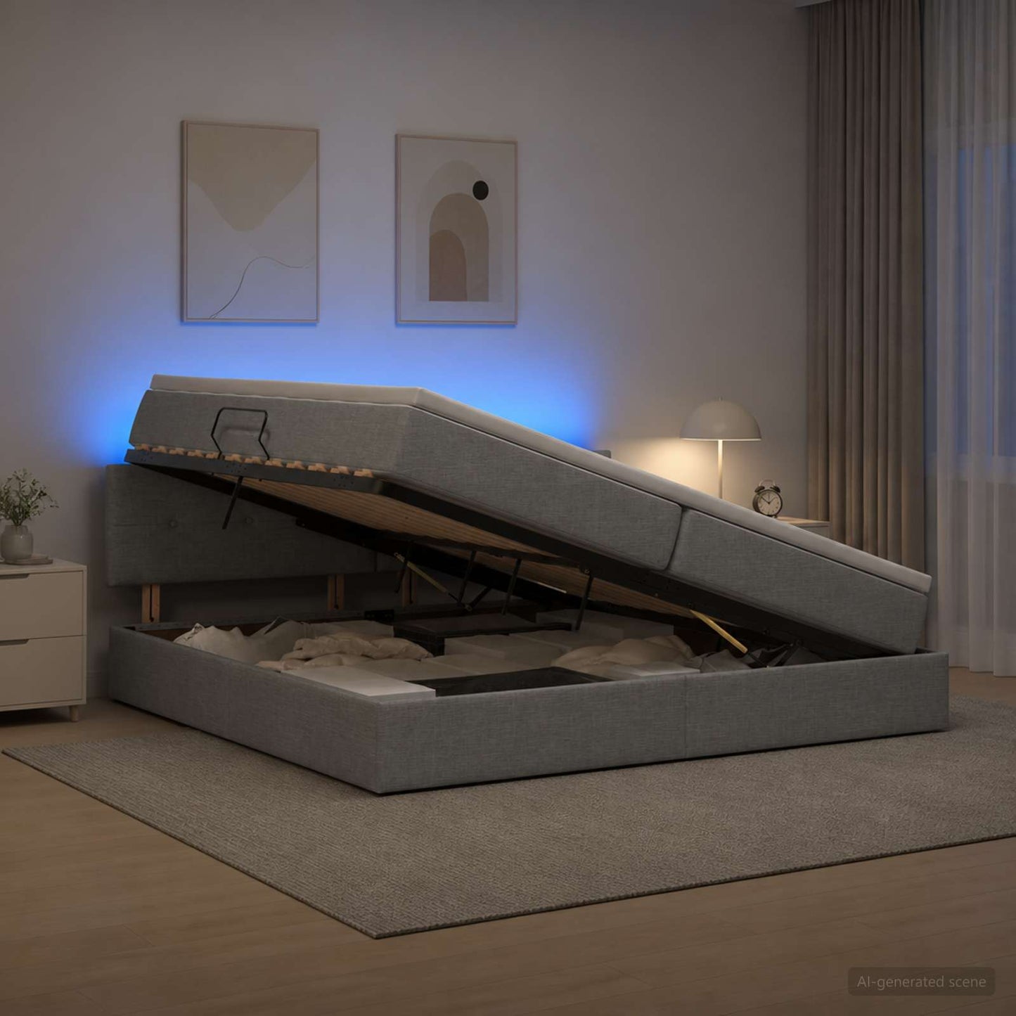 LED Opslagbed met Matras Lichtgrijs 200 x 200 cm Stof