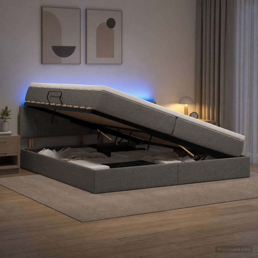 LED Opslagbed met Matras Donkergrijs 200 x 200 cm Stof