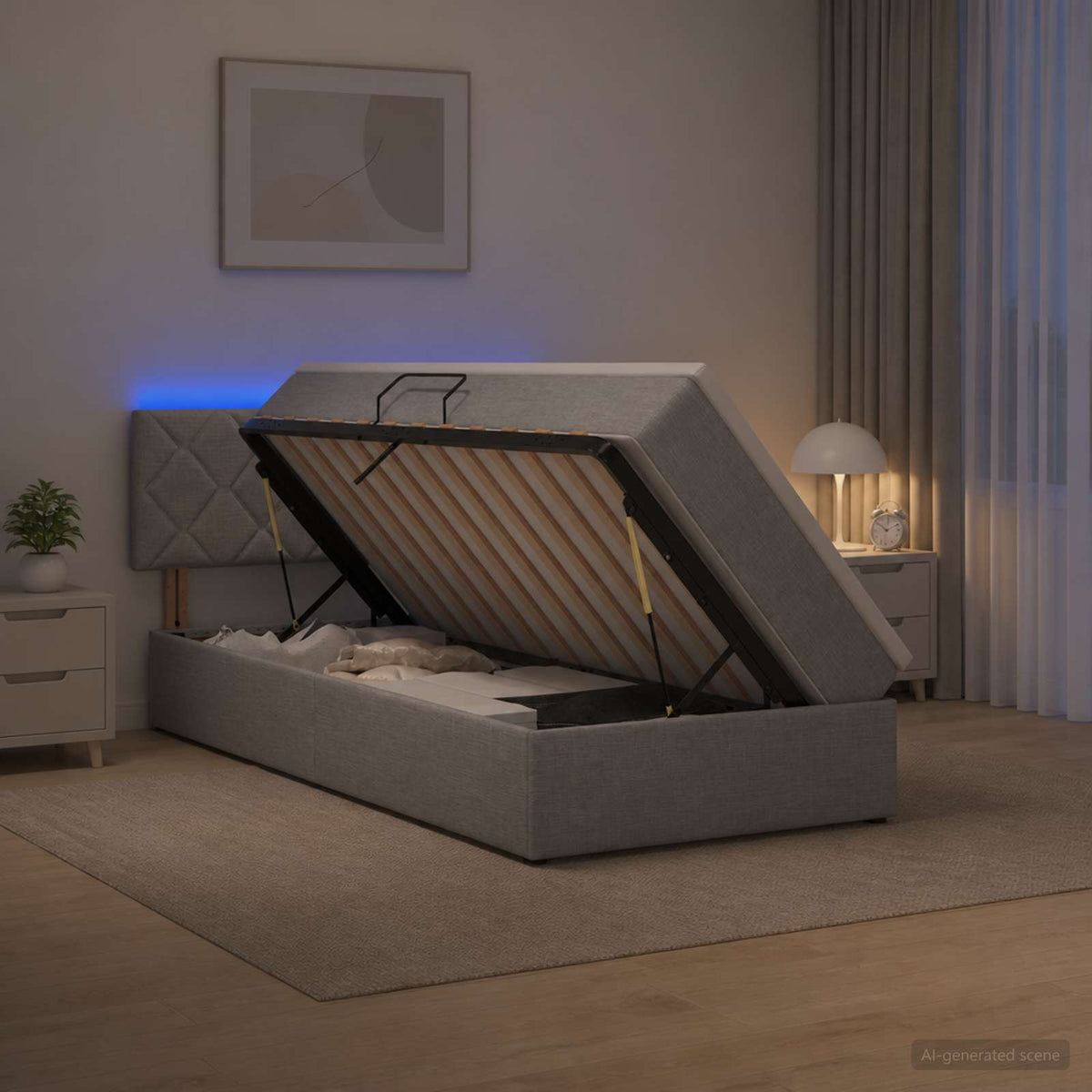 LED Opslagbed met Matras Lichtgrijs 100 x 200 cm Stof