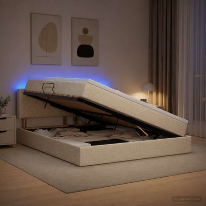 LED Opslagbed met Matras Crèmekleurig 160 x 200 cm Stof