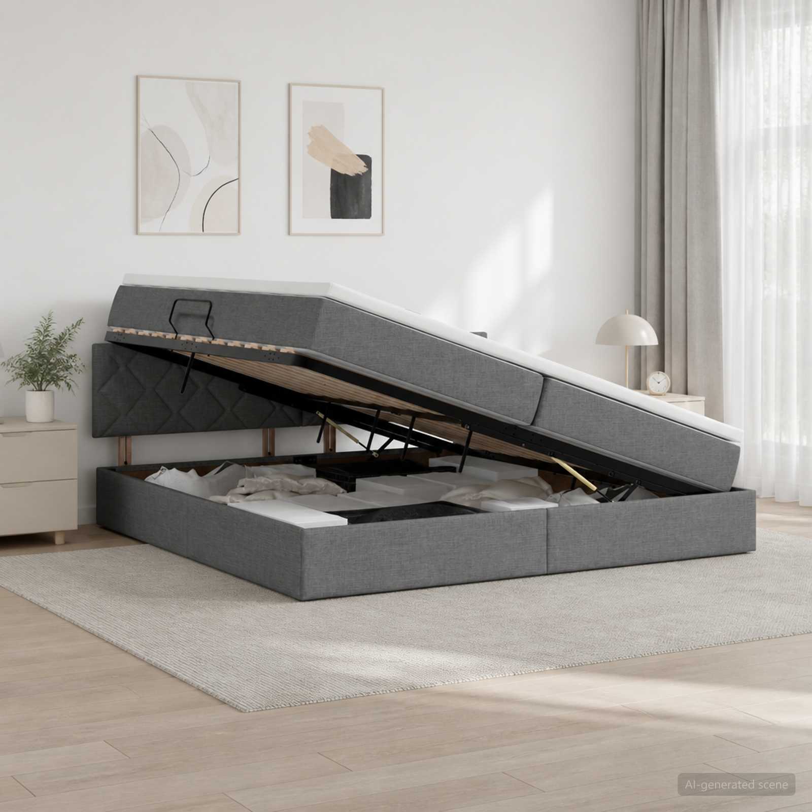 LED Opslagbed met Matras Donkergrijs 200 x 200 cm Stof