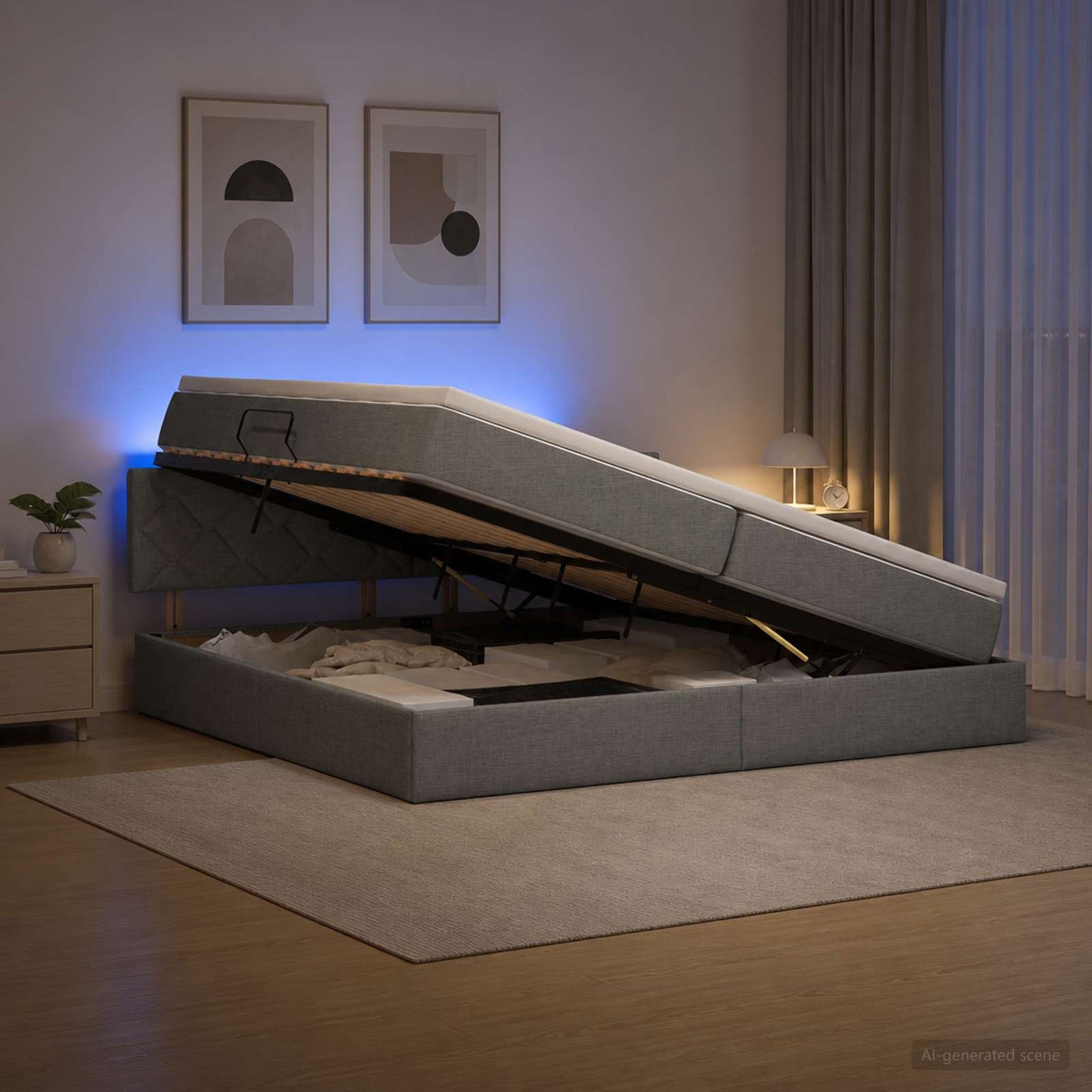 LED Opslagbed met Matras Donkergrijs 200 x 200 cm Stof