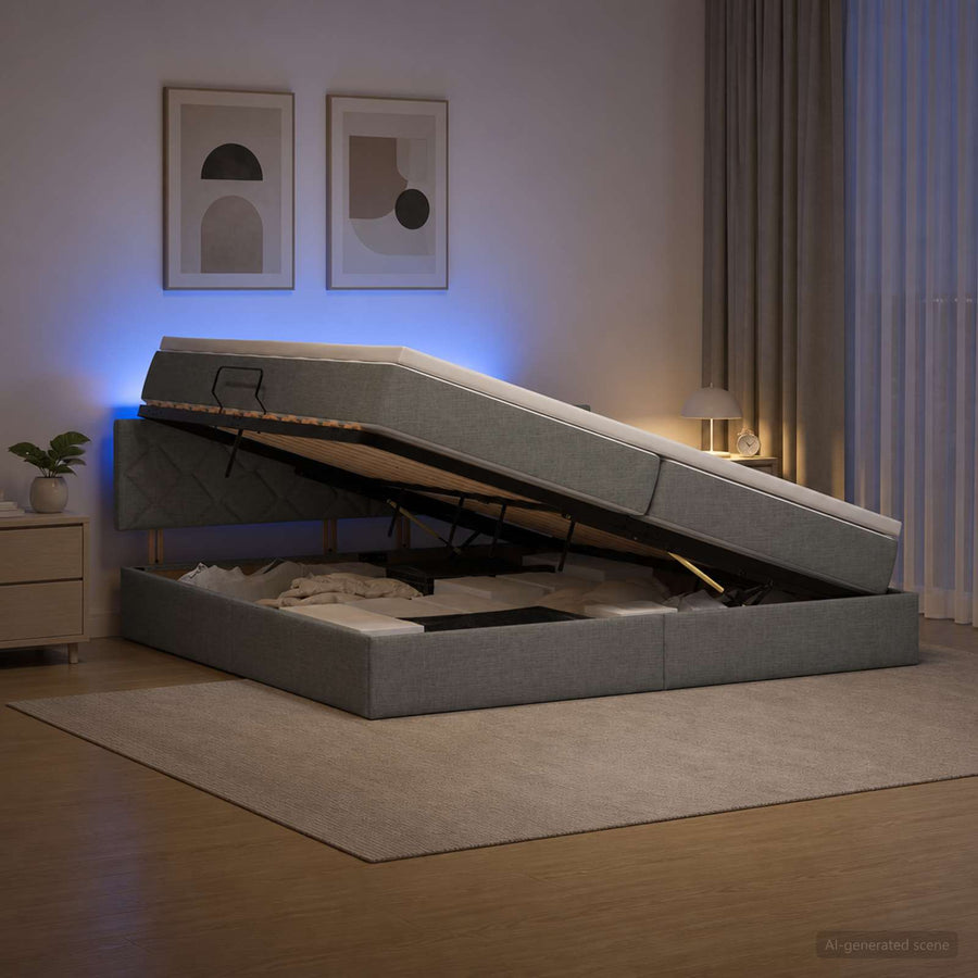 LED Opslagbed met Matras Donkergrijs 200 x 200 cm Stof