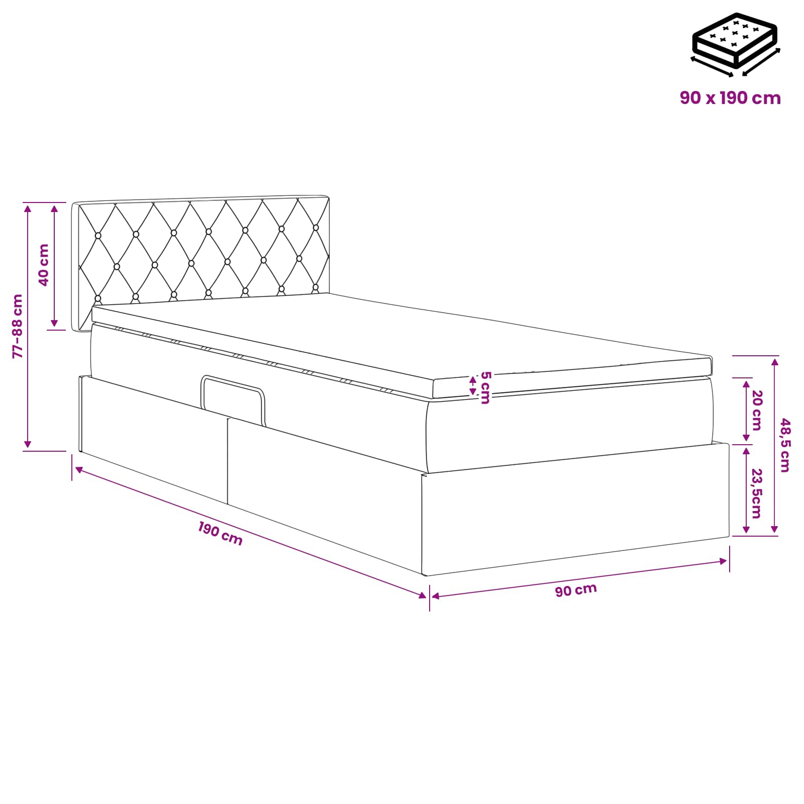 LED Opslagbed met Matras Donkerblauw 90 x 190 cm Fluweel