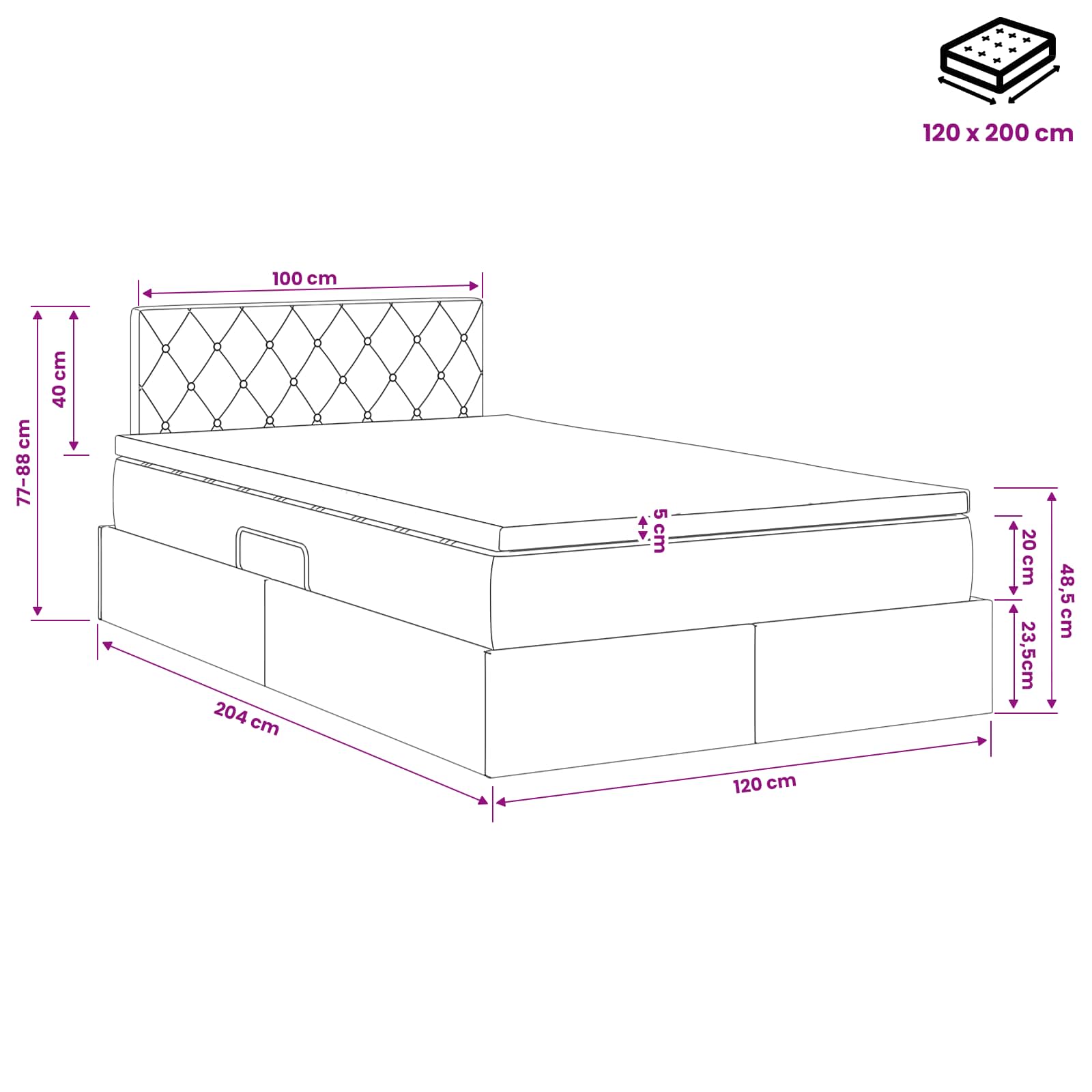 LED Opslagbed met Matras Donkergrijs 120 x 200 cm Fluweel