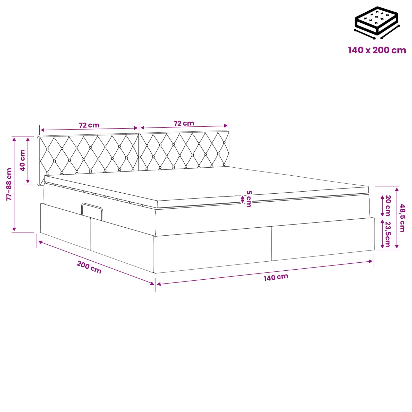 LED Opslagbed met Matras Donkergrijs 140 x 200 cm Fluweel