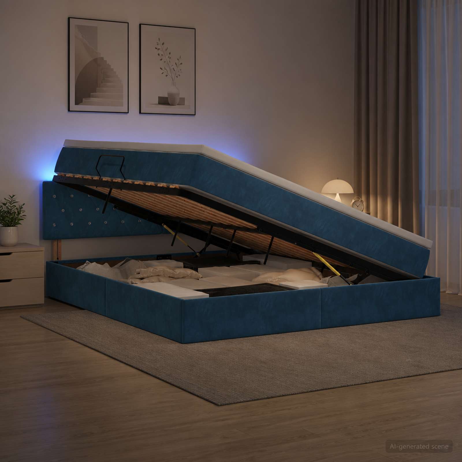 LED Opslagbed met Matras Donkerblauw 180 x 200 cm Fluweel