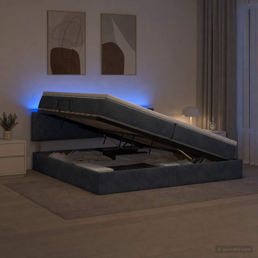 LED Opslagbed met Matras Donkergrijs 200 x 200 cm Fluweel