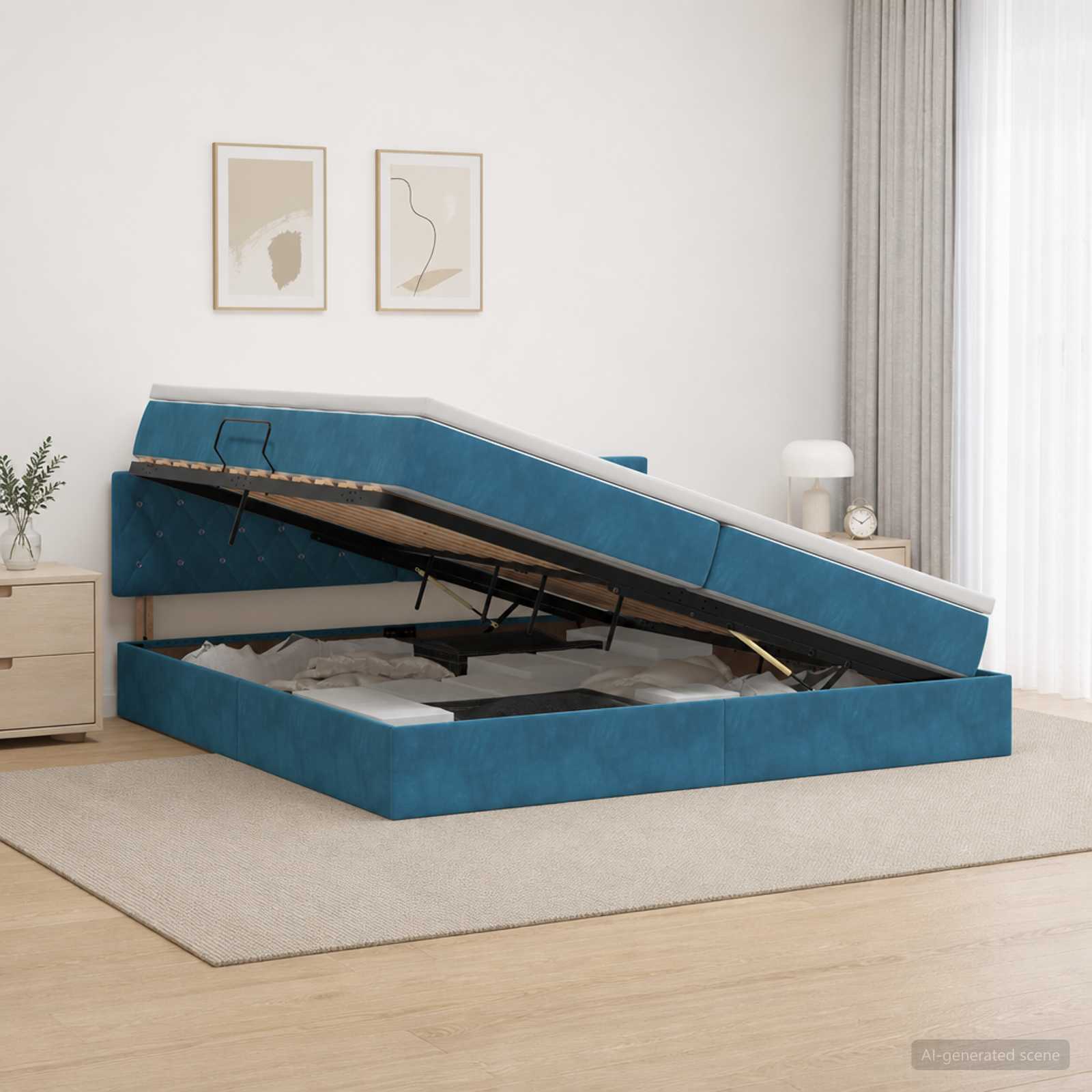 LED Opslagbed met Matras Donkerblauw 200 x 200 cm Fluweel
