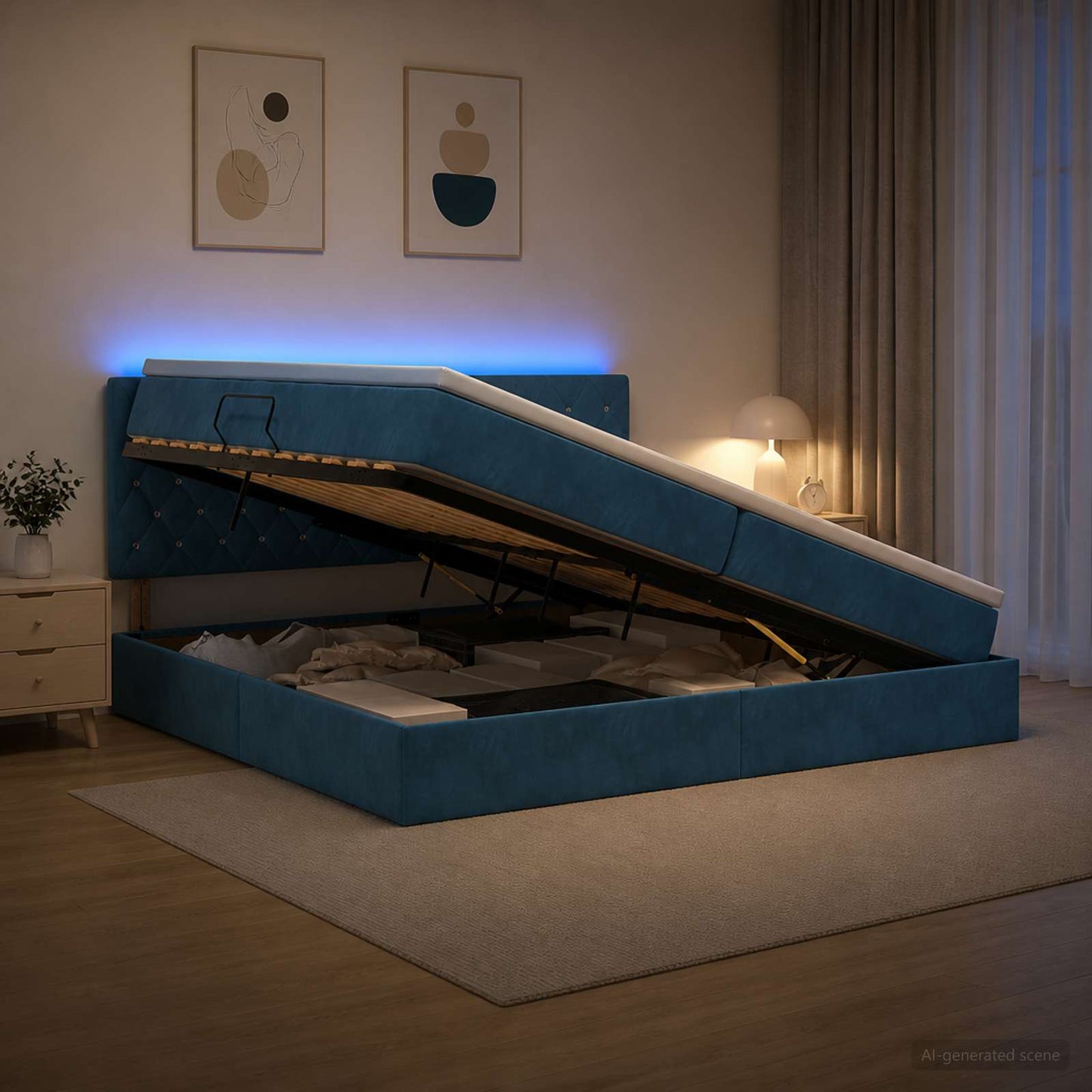 LED Opslagbed met Matras Donkerblauw 200 x 200 cm Fluweel
