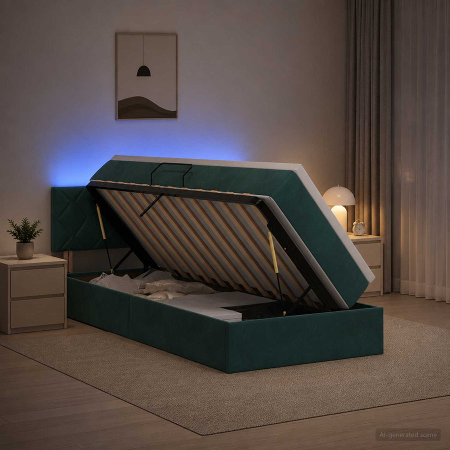 LED Opslagbed met Matras Donkergroen 100 x 200 cm Fluweel