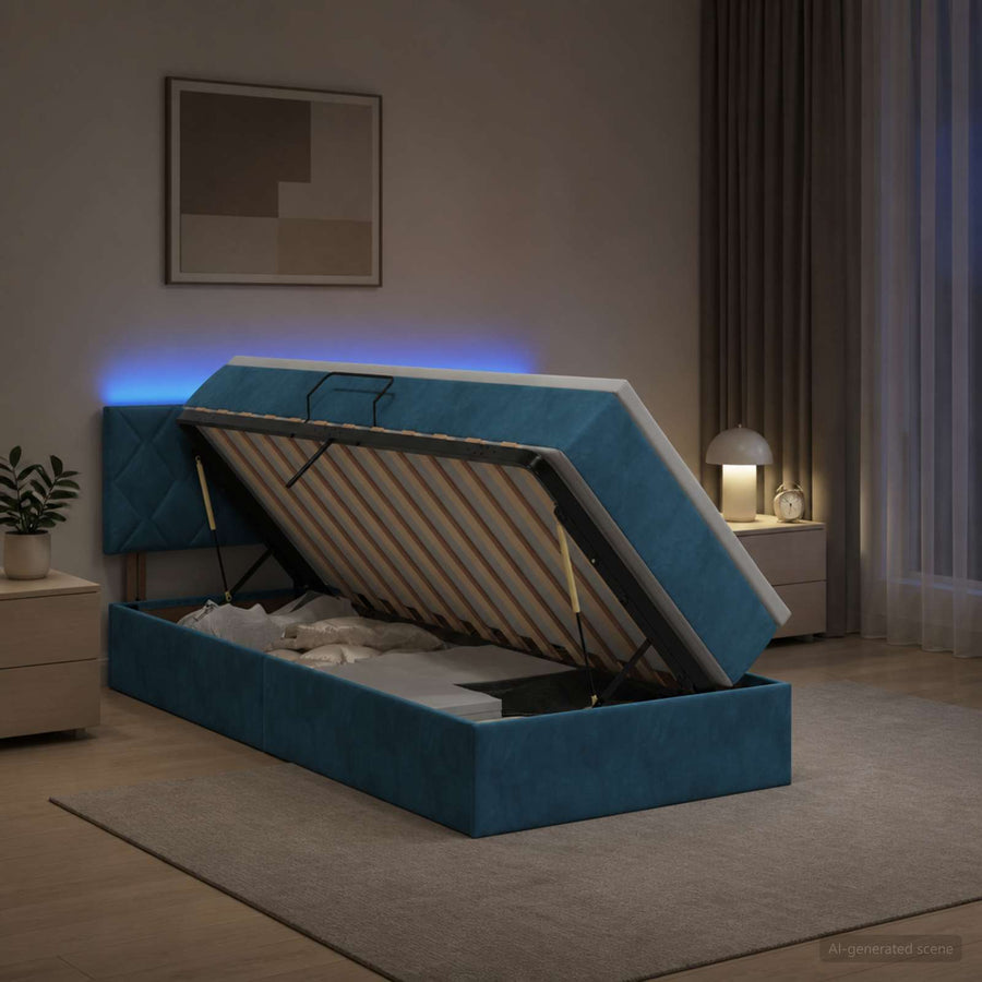 LED Opslagbed met Matras Donkerblauw 100 x 200 cm Fluweel