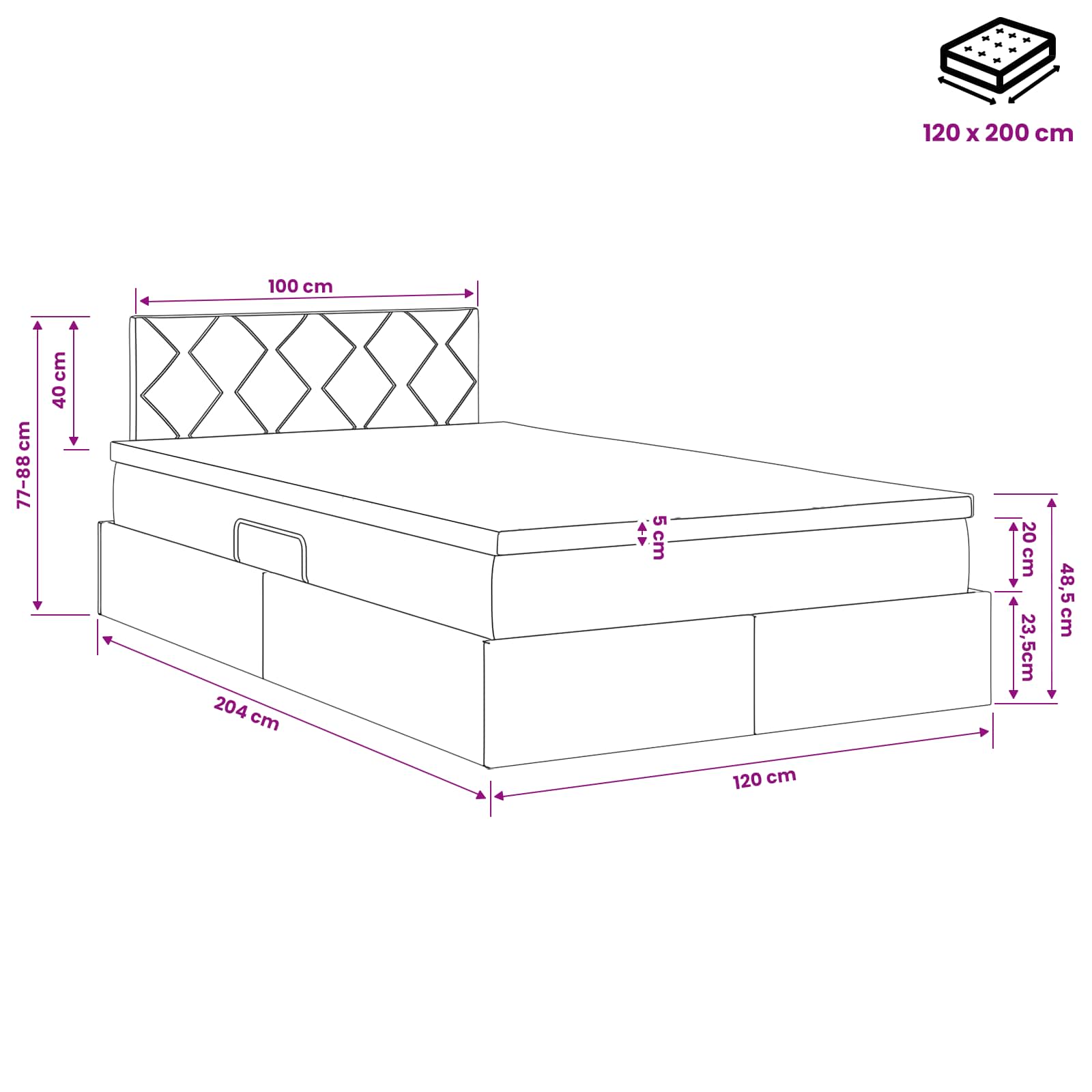 LED Opslagbed met Matras Donkergrijs 120 x 200 cm Fluweel