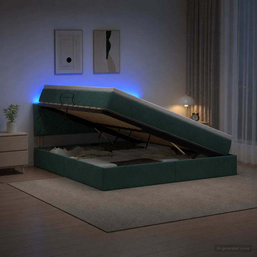LED Opslagbed met Matras Donkergroen 160 x 200 cm Fluweel