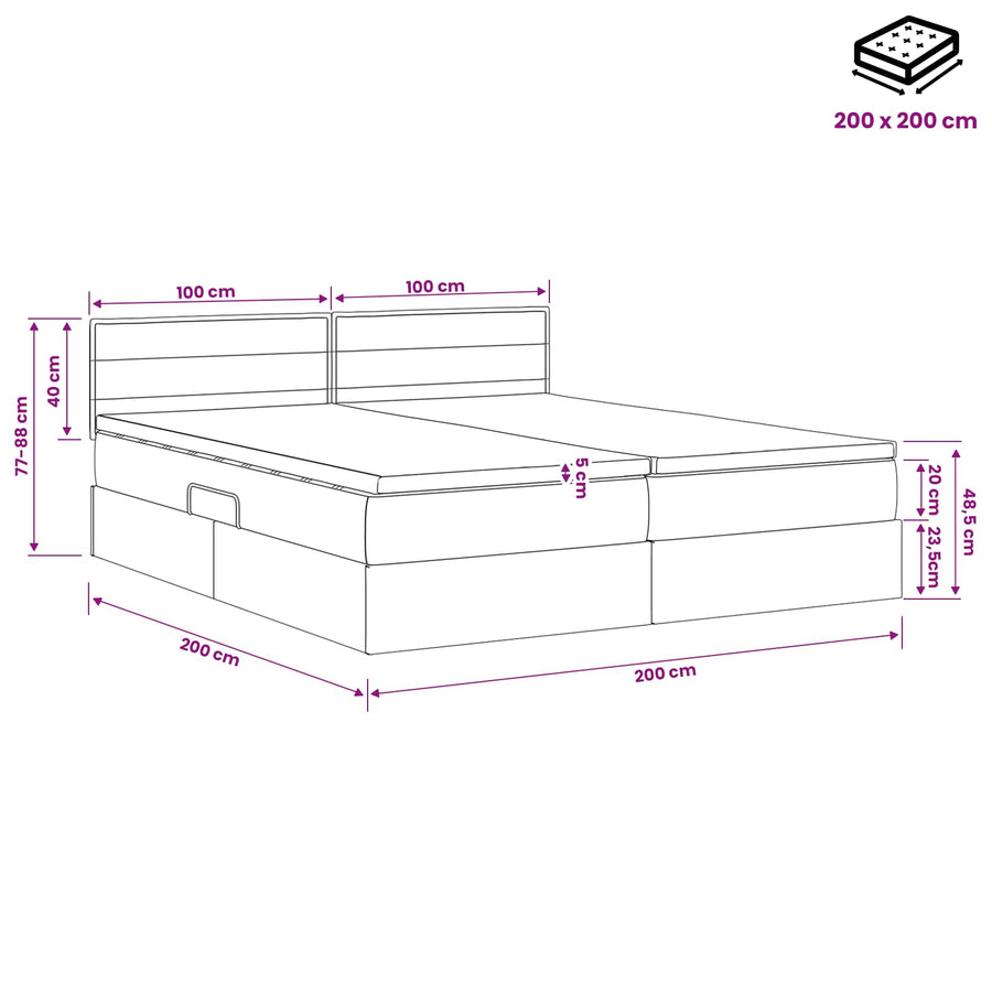 LED Opslagbed met Matras Lichtgrijs 200 x 200 cm Stof