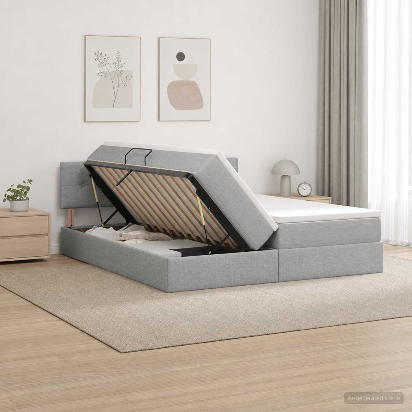 LED Opslagbed met Matras Lichtgrijs 200 x 200 cm Stof