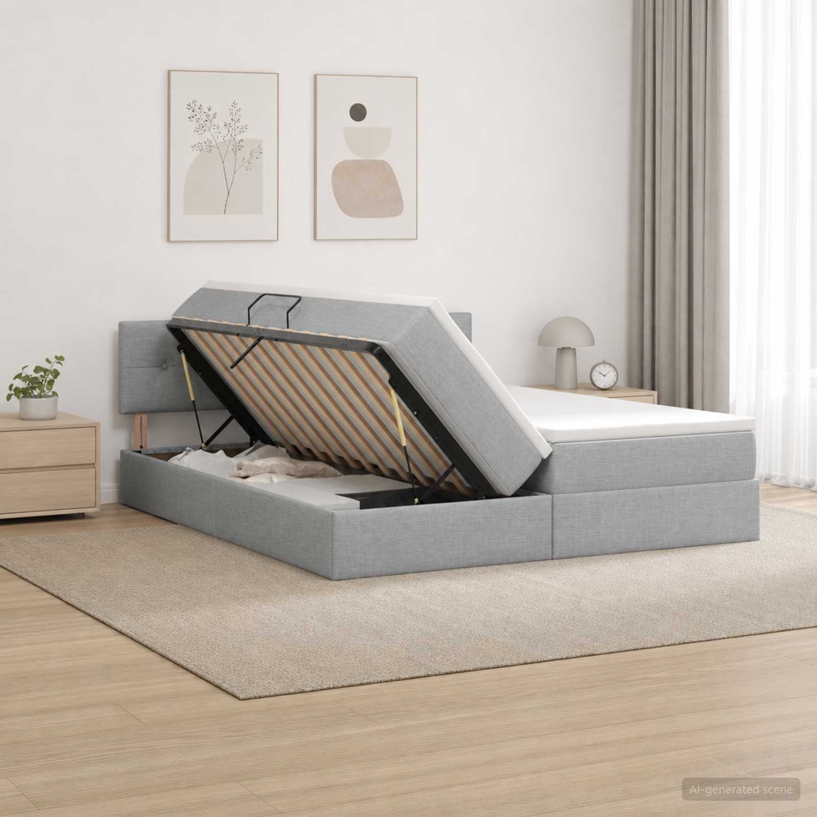 LED Opslagbed met Matras Lichtgrijs 200 x 200 cm Stof
