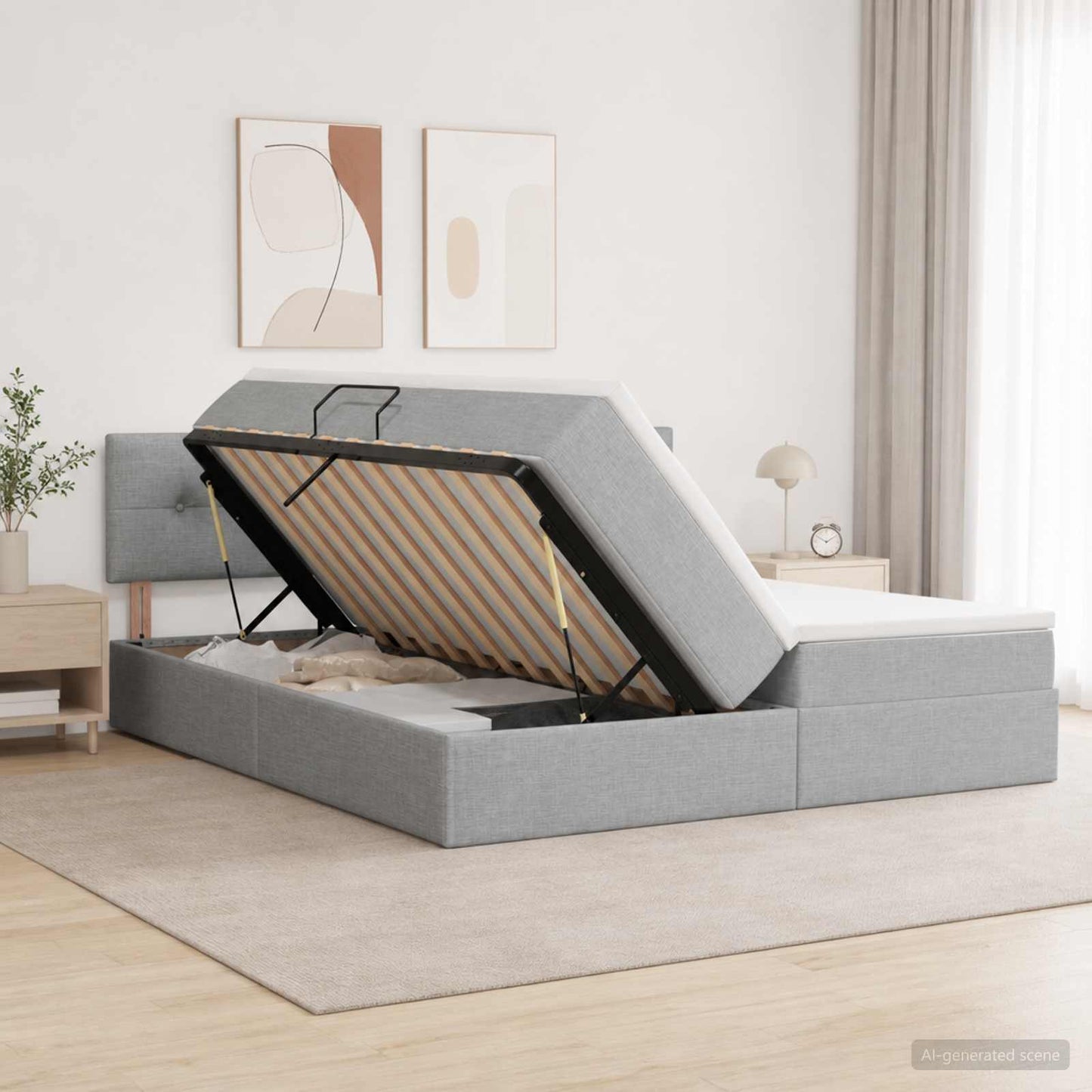LED Opslagbed met Matras Lichtgrijs 200 x 200 cm Stof
