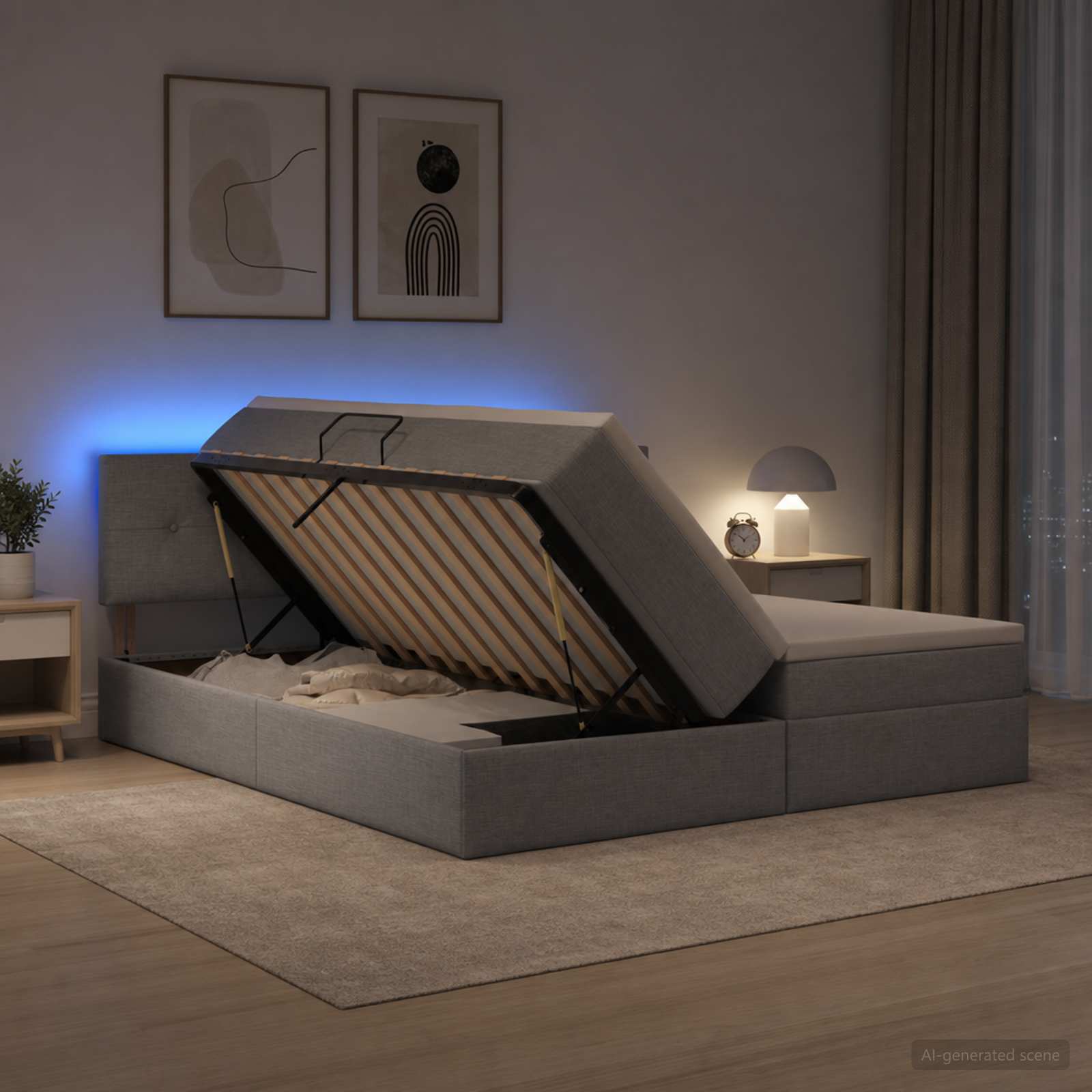 LED Opslagbed met Matras Lichtgrijs 200 x 200 cm Stof