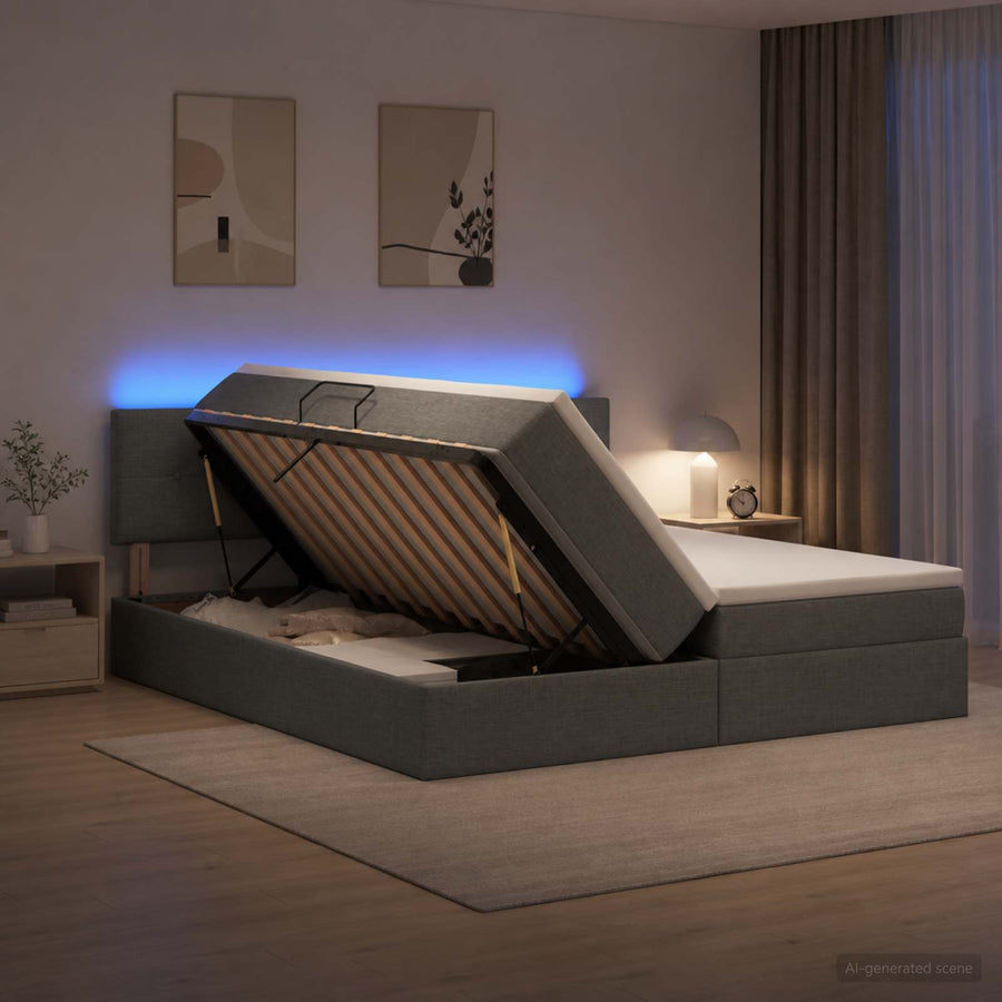 LED Opslagbed met Matras Donkergrijs 200 x 200 cm Stof