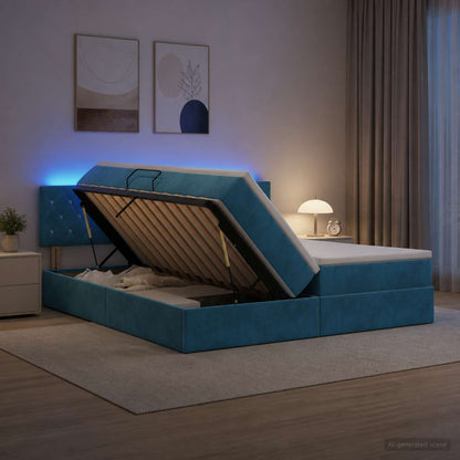 LED Opslagbed met Matras Donkerblauw 200 x 200 cm Fluweel