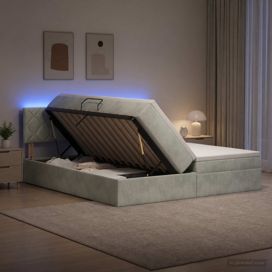 LED Opslagbed met Matras Lichtgrijs 200 x 200 cm Fluweel