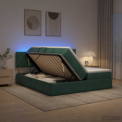 LED Opslagbed met Matras Donkergroen 200 x 200 cm Fluweel