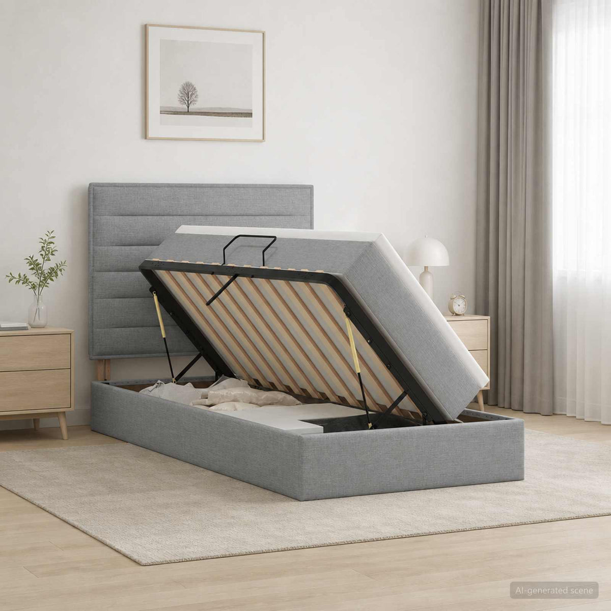 LED Opslagbed met Matras Lichtgrijs 90 x 200 cm Stof