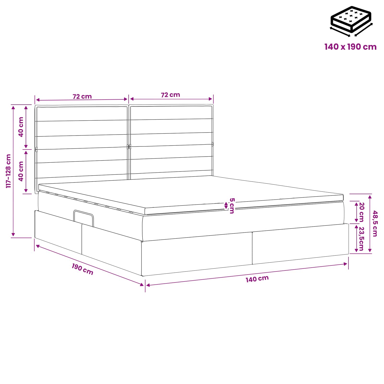 Opslag bed met matras met opslag Lichtgrijs 140 x 190 cm Stof