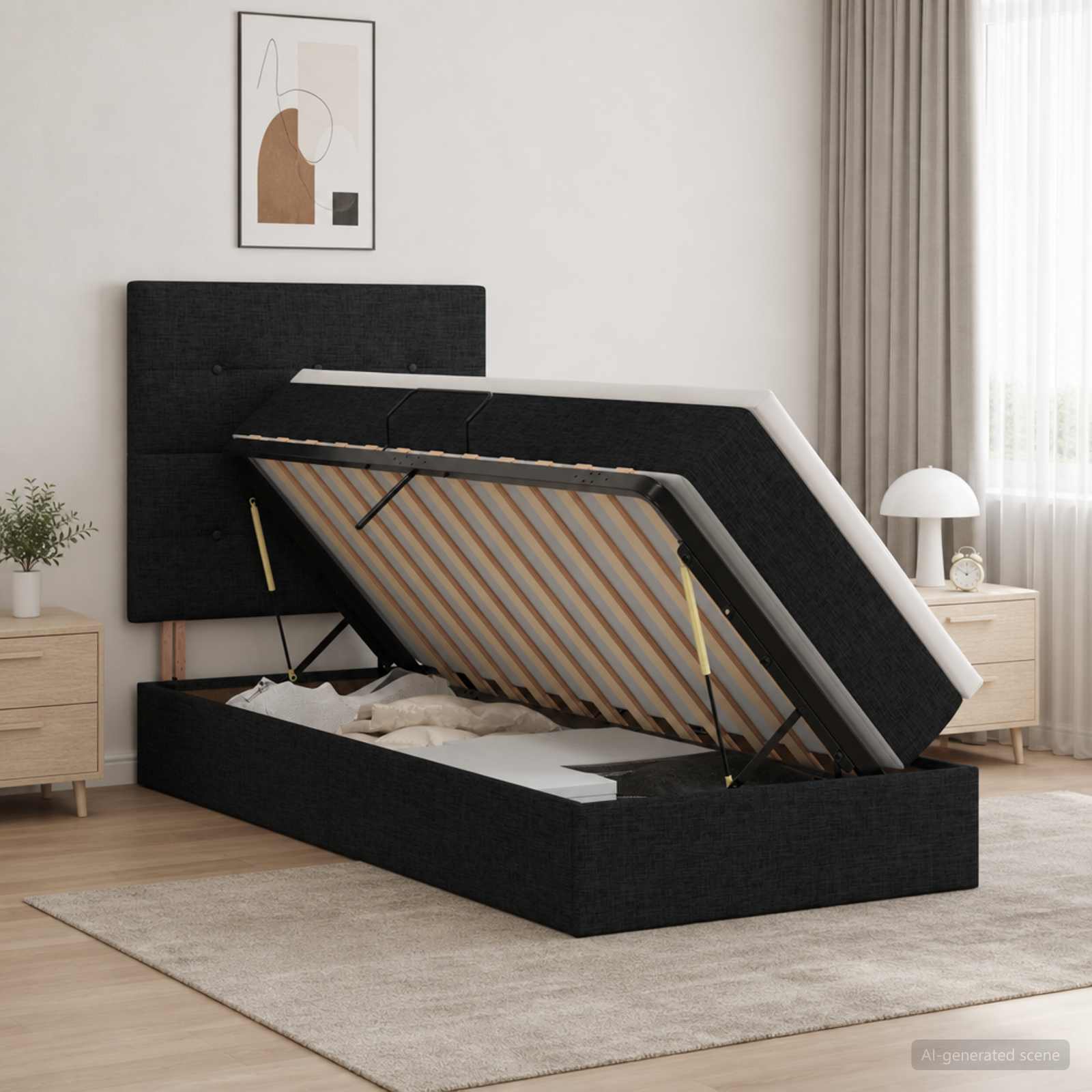 Opslag bed met matras met hoofdeinde Zwart 100 x 200 cm Stof