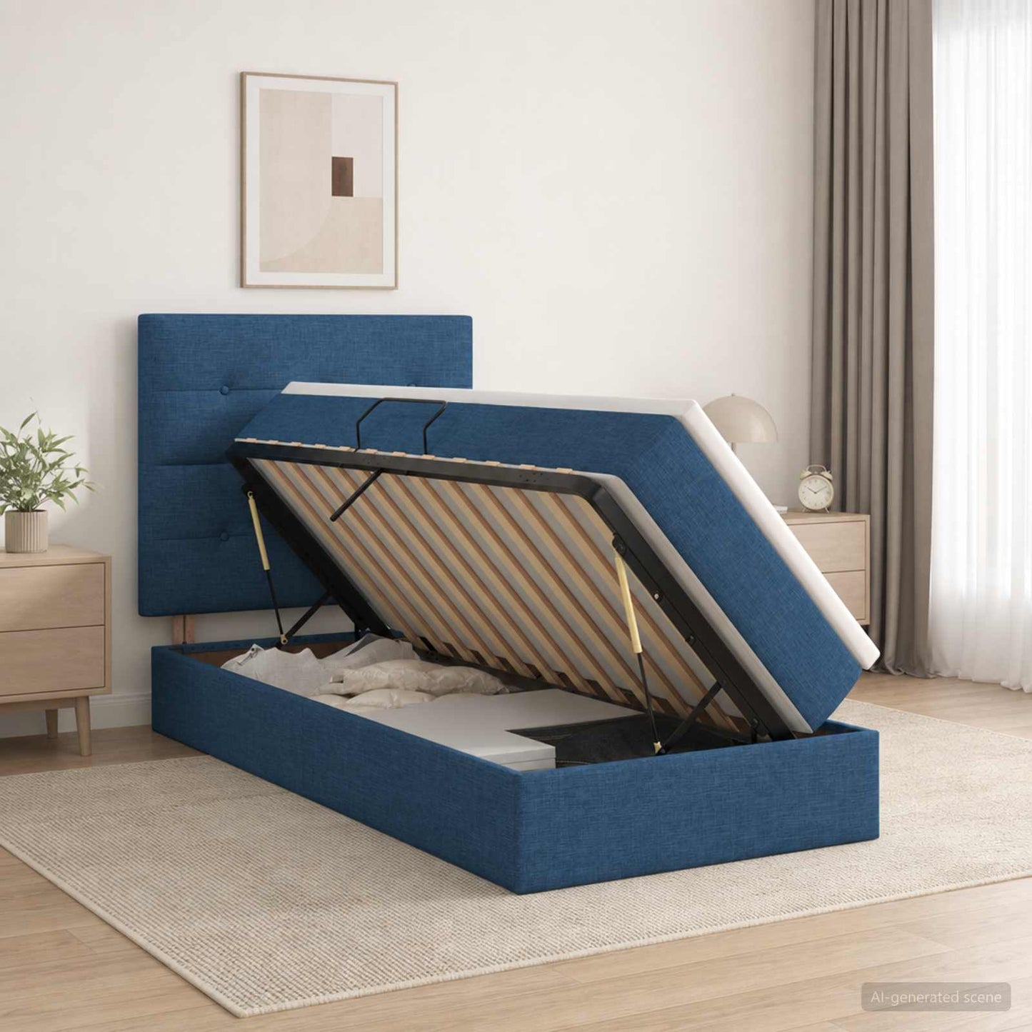 Opslag bed met matras met hoofdeinde Blauw 90 x 200 cm Stof