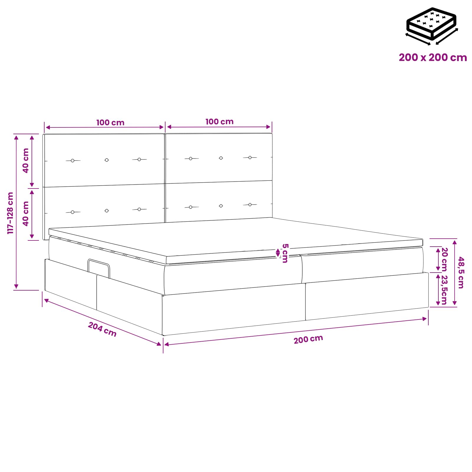 Opslag bed met matras met hoofdeinde Zwart 200 x 200 cm Stof
