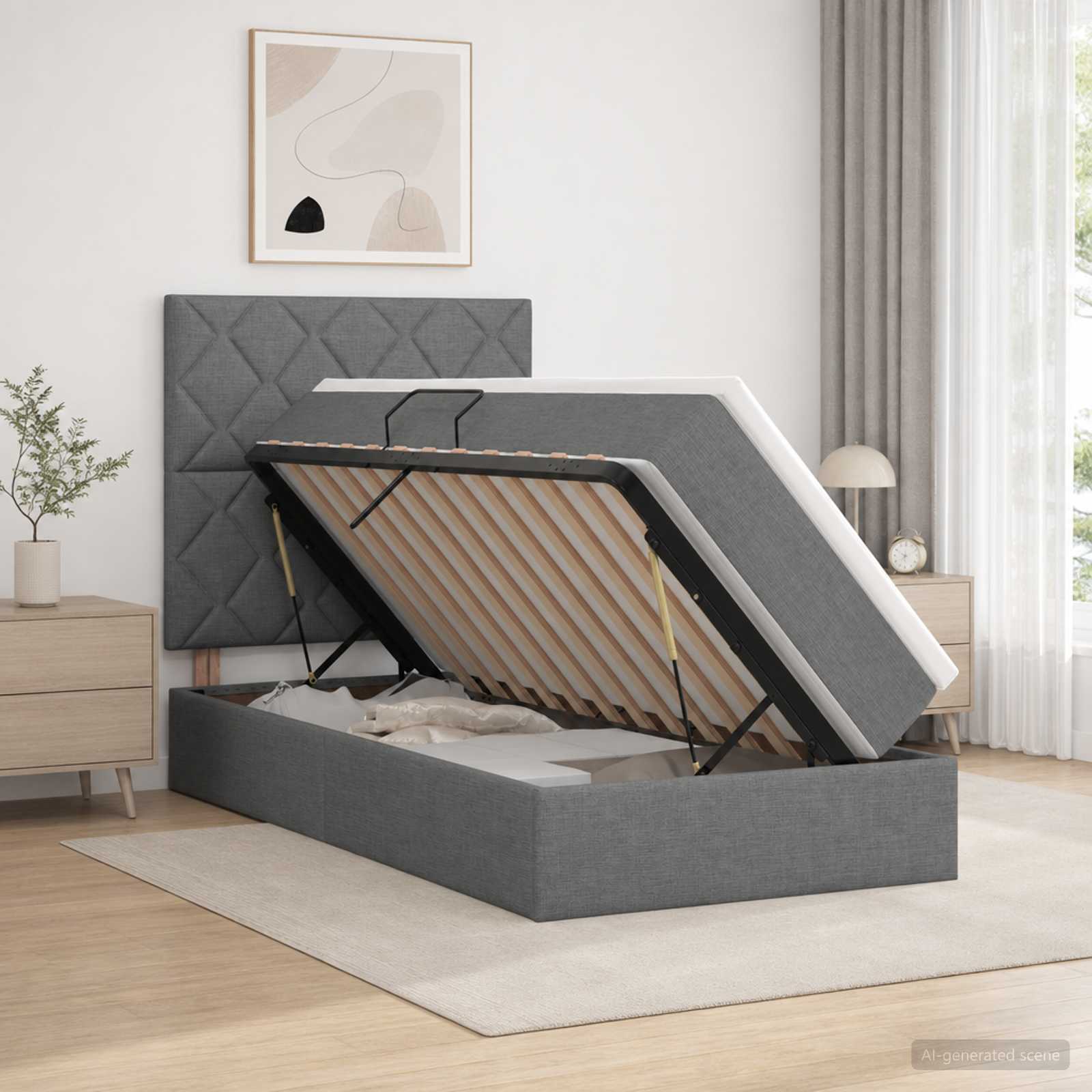 LED Opslagbed met Matras Donkergrijs 100 x 200 cm Stof