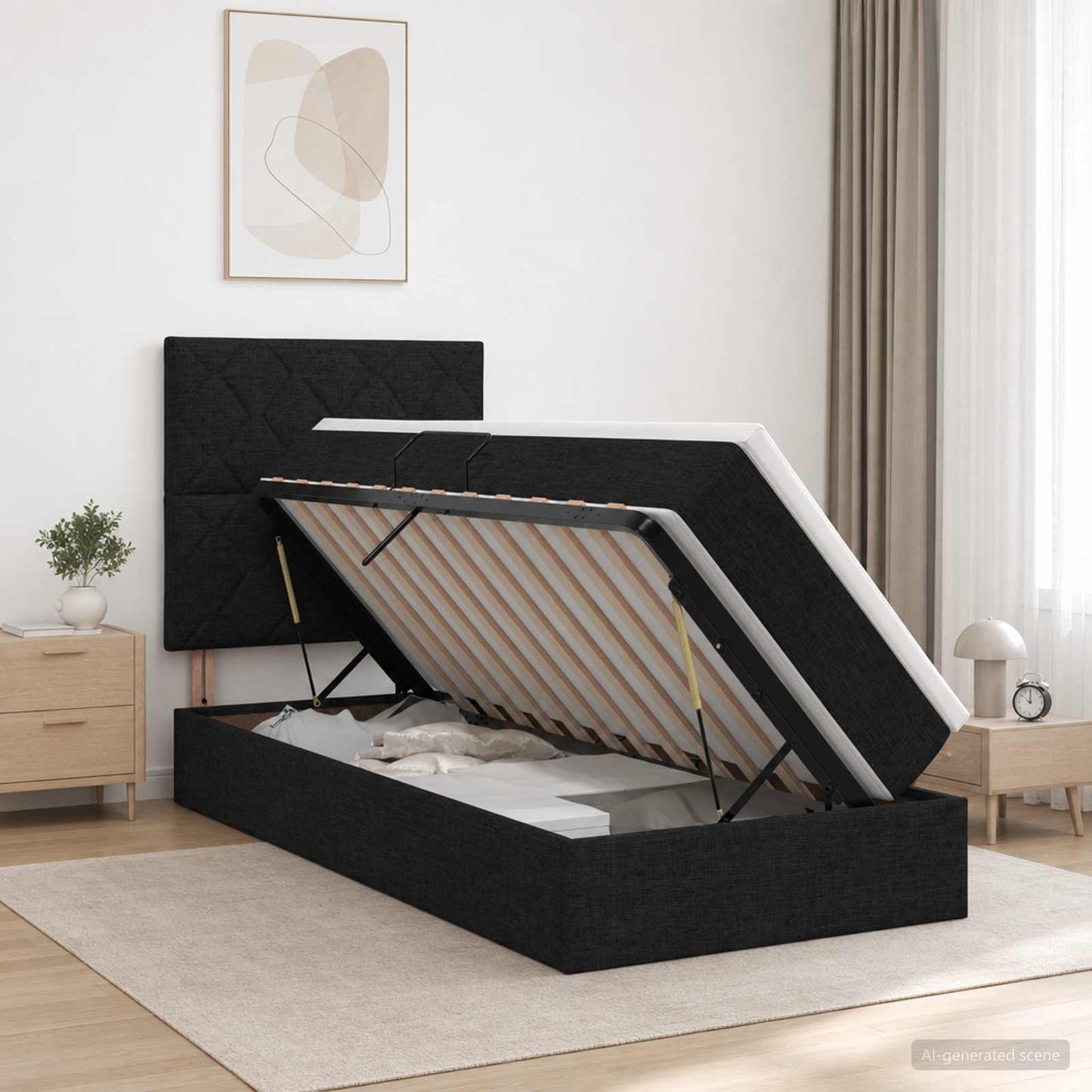 Opslag bed met matras met hoofdeinde Zwart 90 x 190 cm Stof