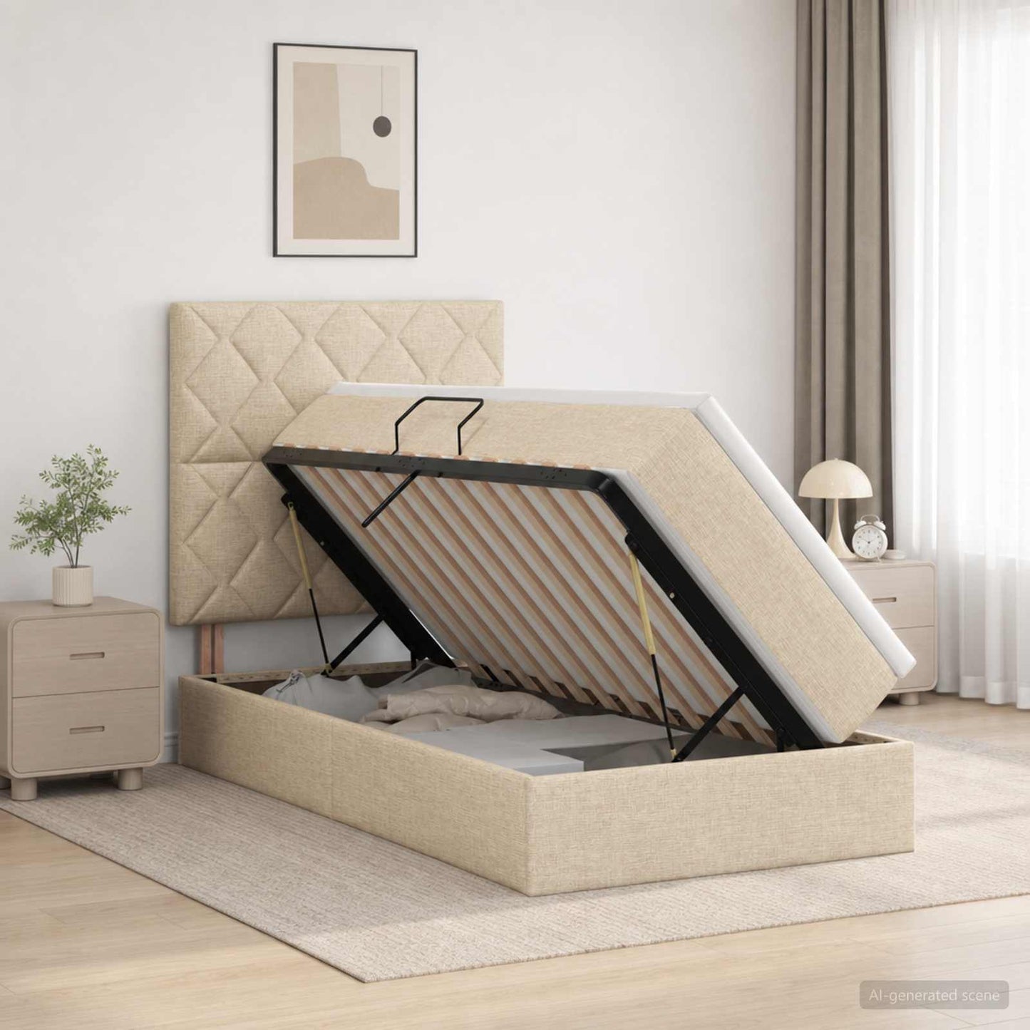 Opslag bed met matras met opslag Crèmekleurig 100 x 200 cm Stof