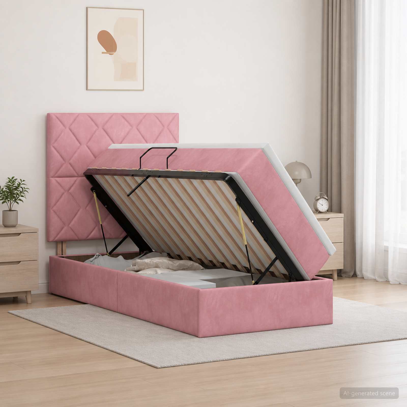 Opslag bed met matras met hoofdeinde Roze 100 x 200 cm Fluweel
