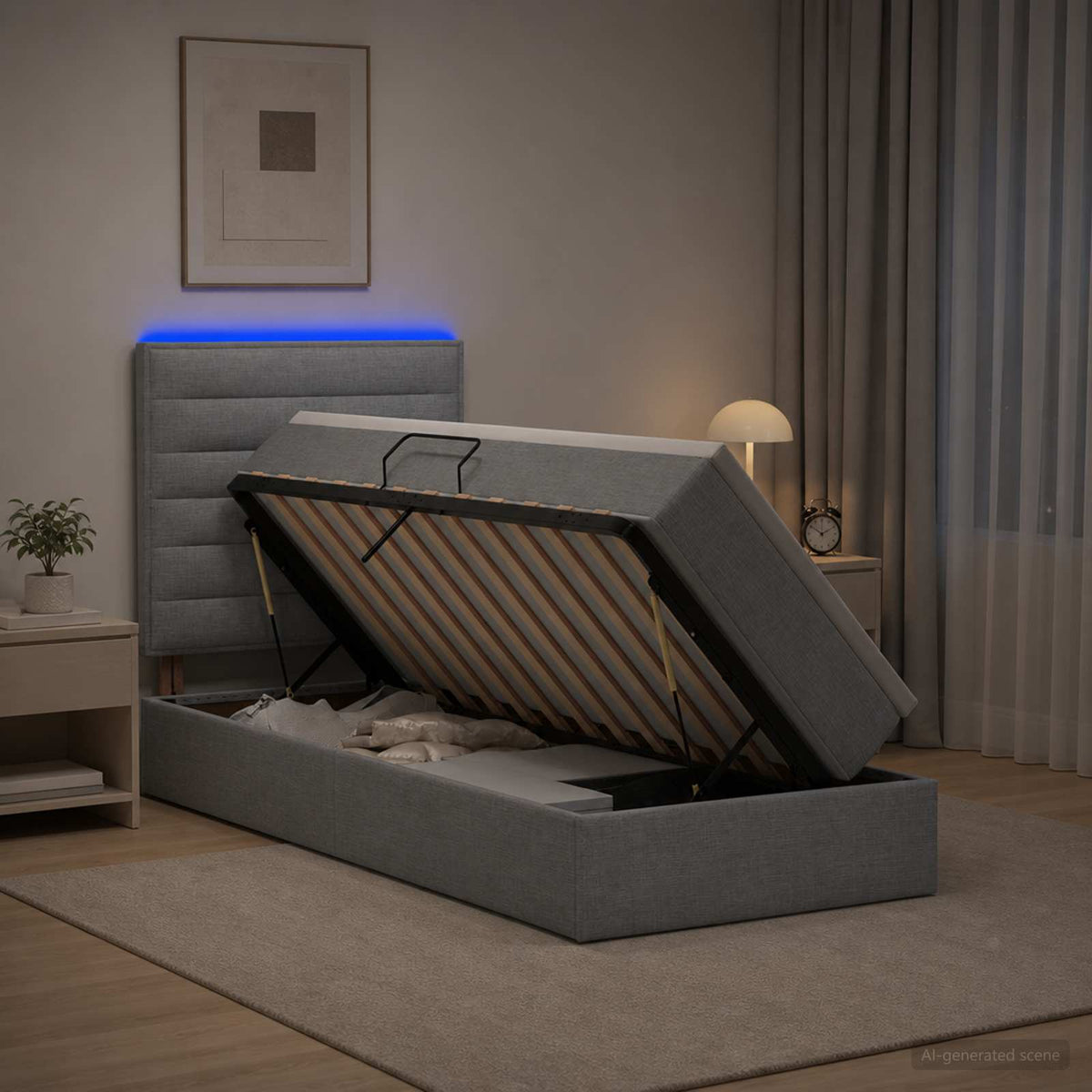 LED Opslagbed met Matras Lichtgrijs 90 x 200 cm Stof