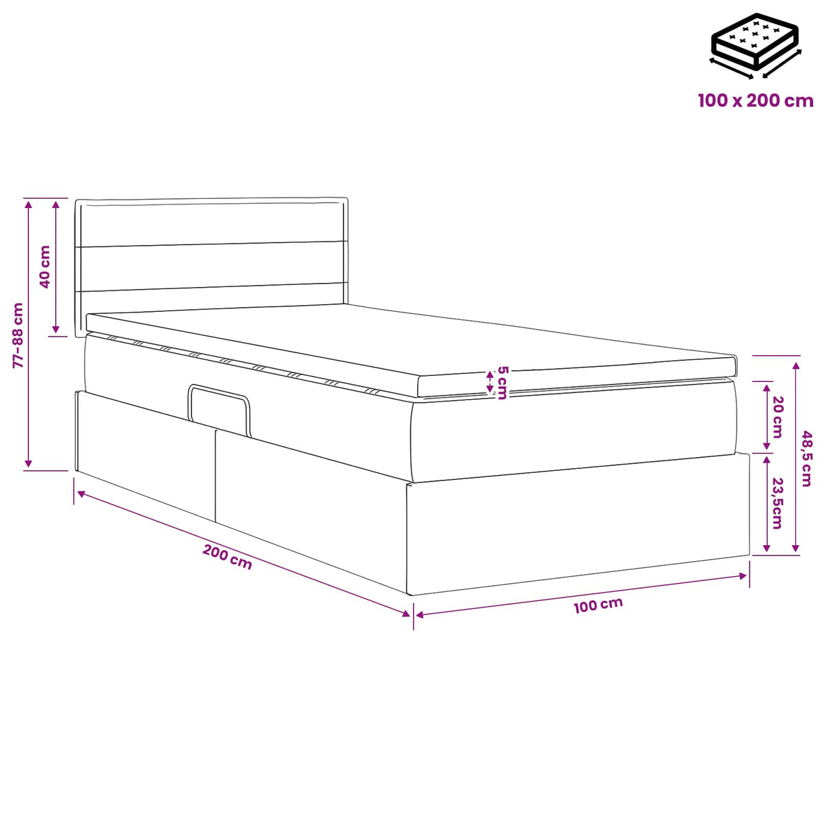 LED Opslagbed met Matras Zwart 100 x 200 cm Stof