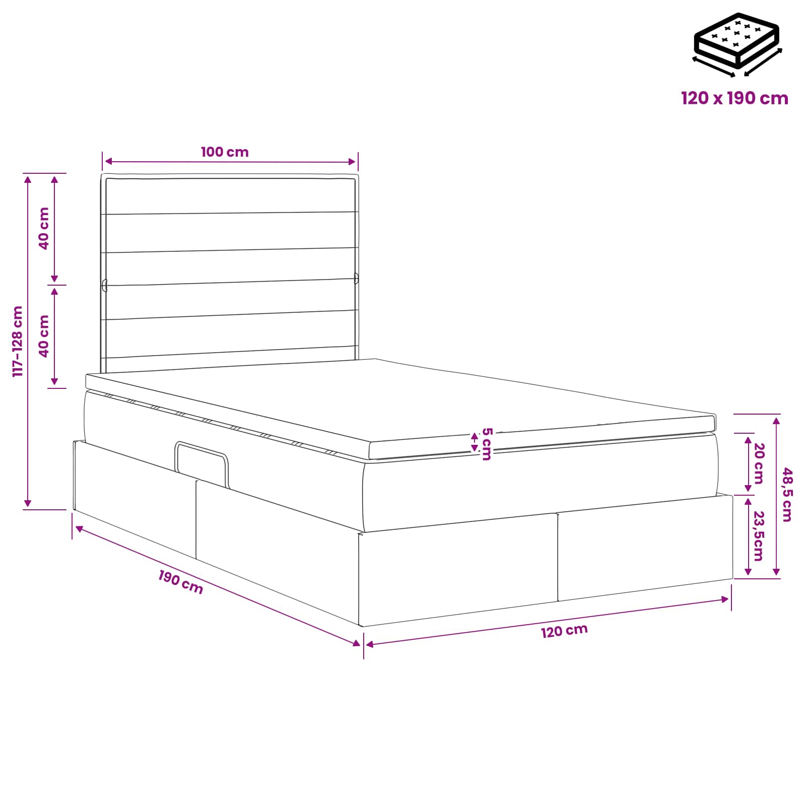 LED Opslagbed met Matras Lichtgrijs 120 x 190 cm Stof