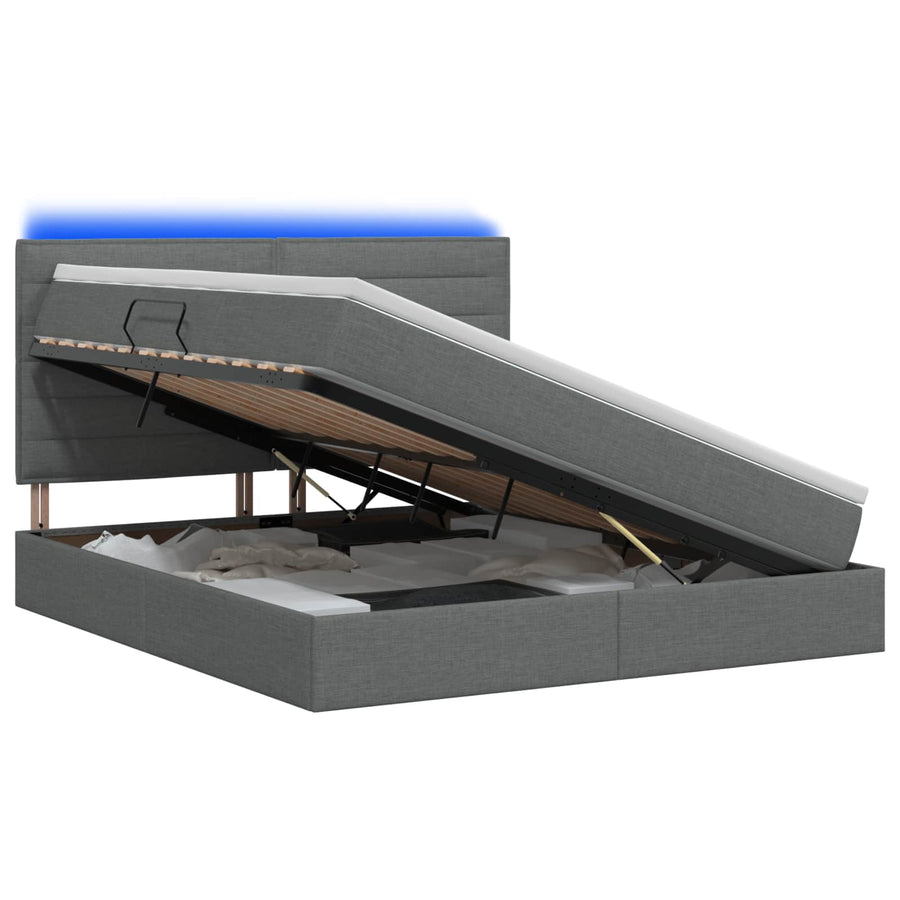 LED Opslagbed met Matras Donkergrijs 140 x 200 cm Stof