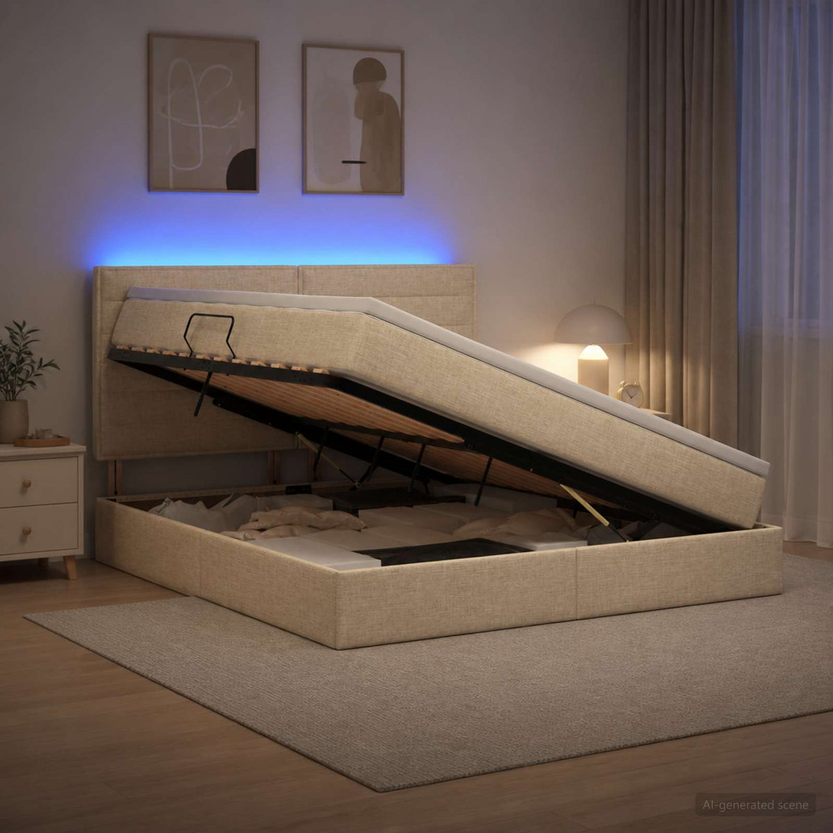LED Opslagbed met Matras Crèmekleurig 160 x 200 cm Stof
