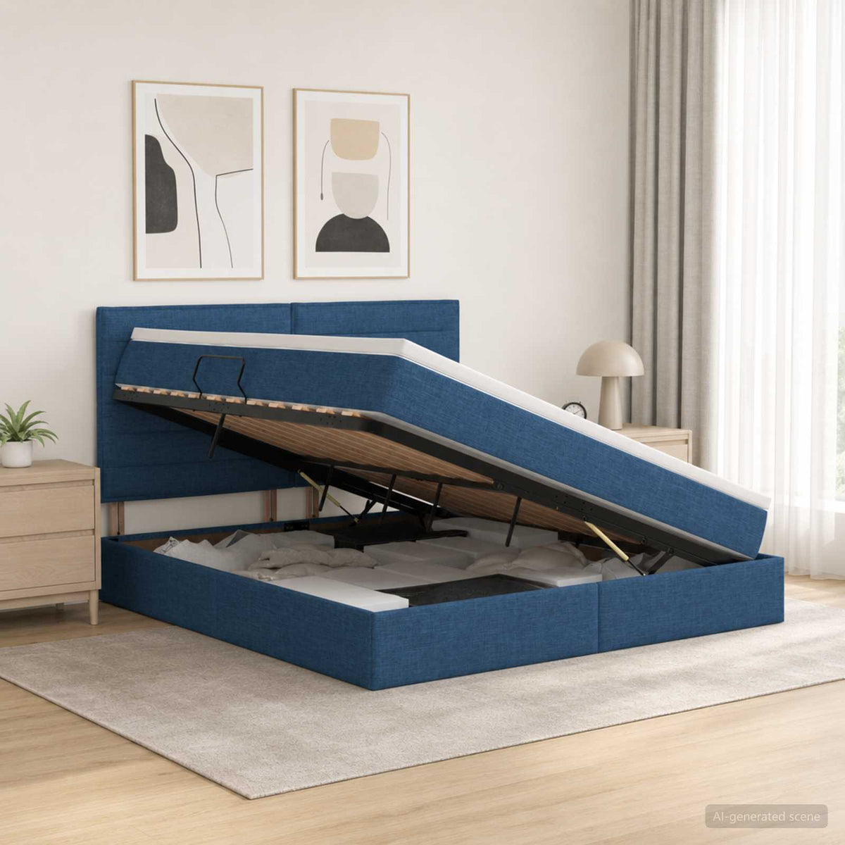 Opslag bed met matras met hoofdeinde Blauw 160 x 200 cm Stof