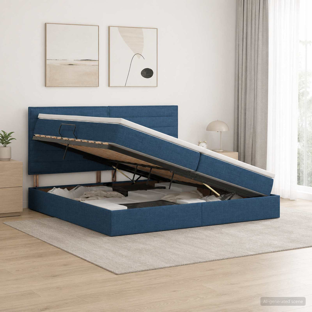 Opslag bed met matras met hoofdeinde Blauw 200 x 200 cm Stof