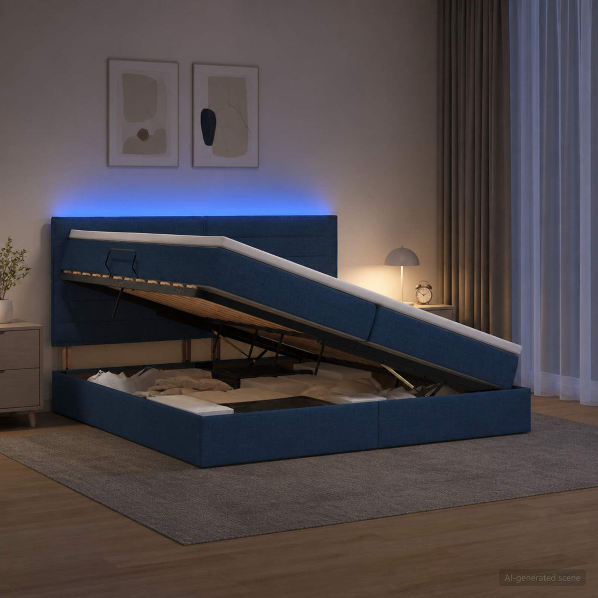 LED Opslagbed met Matras Blauw 200 x 200 cm Stof